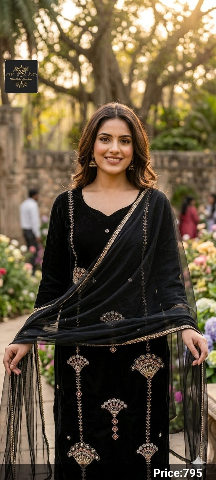 Manthsha Creation Royal Black Embroidered Velvet Straight Suit Set 3pc