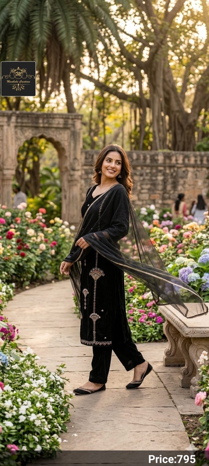 Manthsha Creation Royal Black Embroidered Velvet Straight Suit Set 3pc