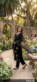 Manthsha Creation Royal Black Embroidered Velvet Straight Suit Set 3pc