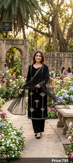 Manthsha Creation Royal Black Embroidered Velvet Straight Suit Set 3pc