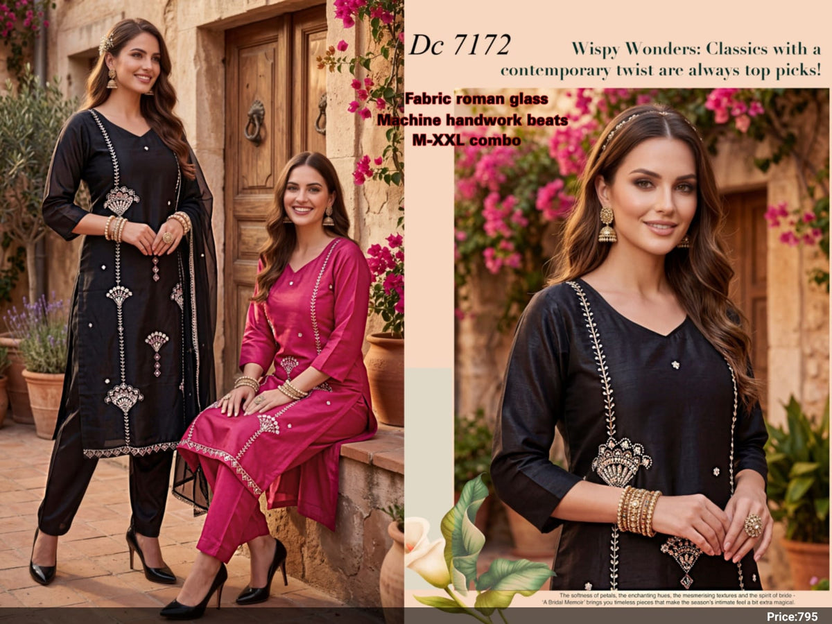 Manthsha Creation Royal Black Embroidered Velvet Straight Suit Set 3pc