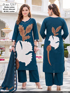 Bold Leaf Patchwork & Motif Embroidered Cotton Suit Set with Printed Dupatta