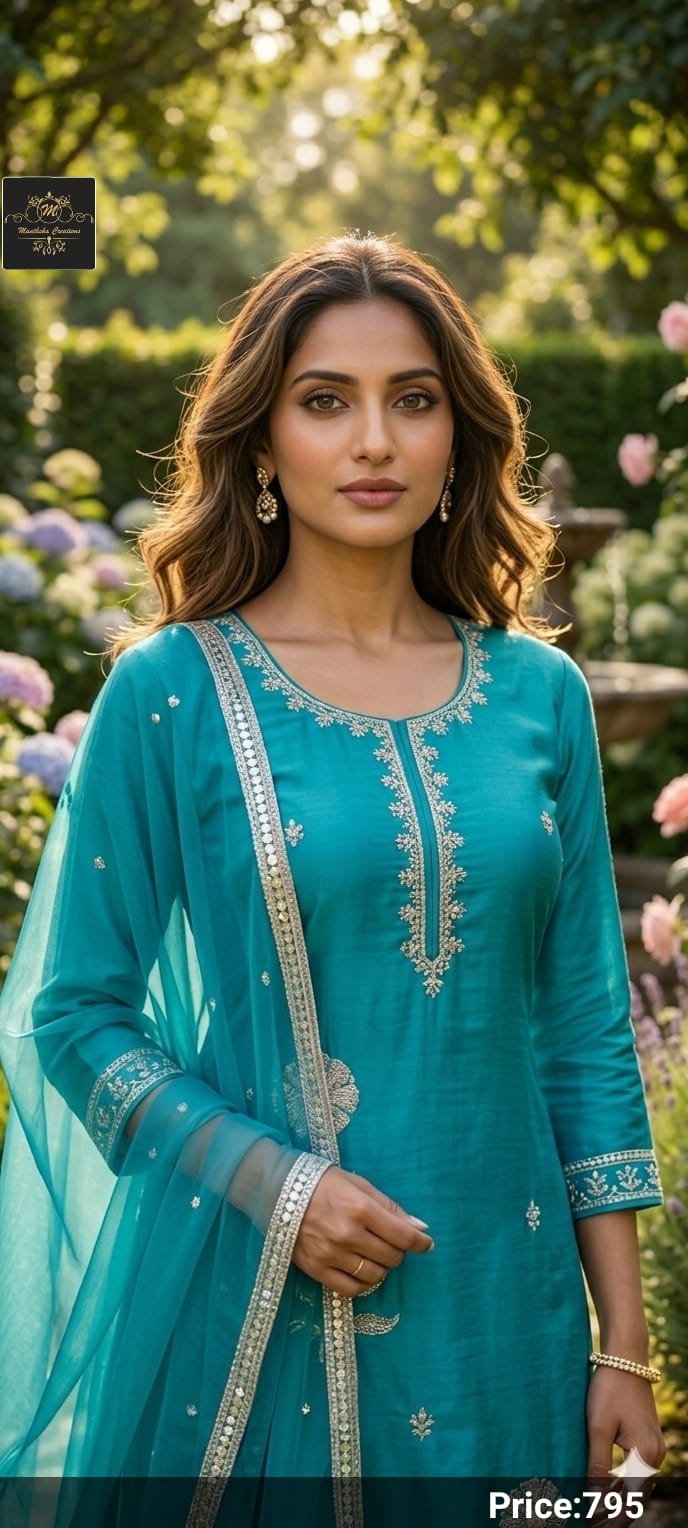 Silk Floral Zari & Sequin Embroidered Suit Set with Lace Border Dupatta