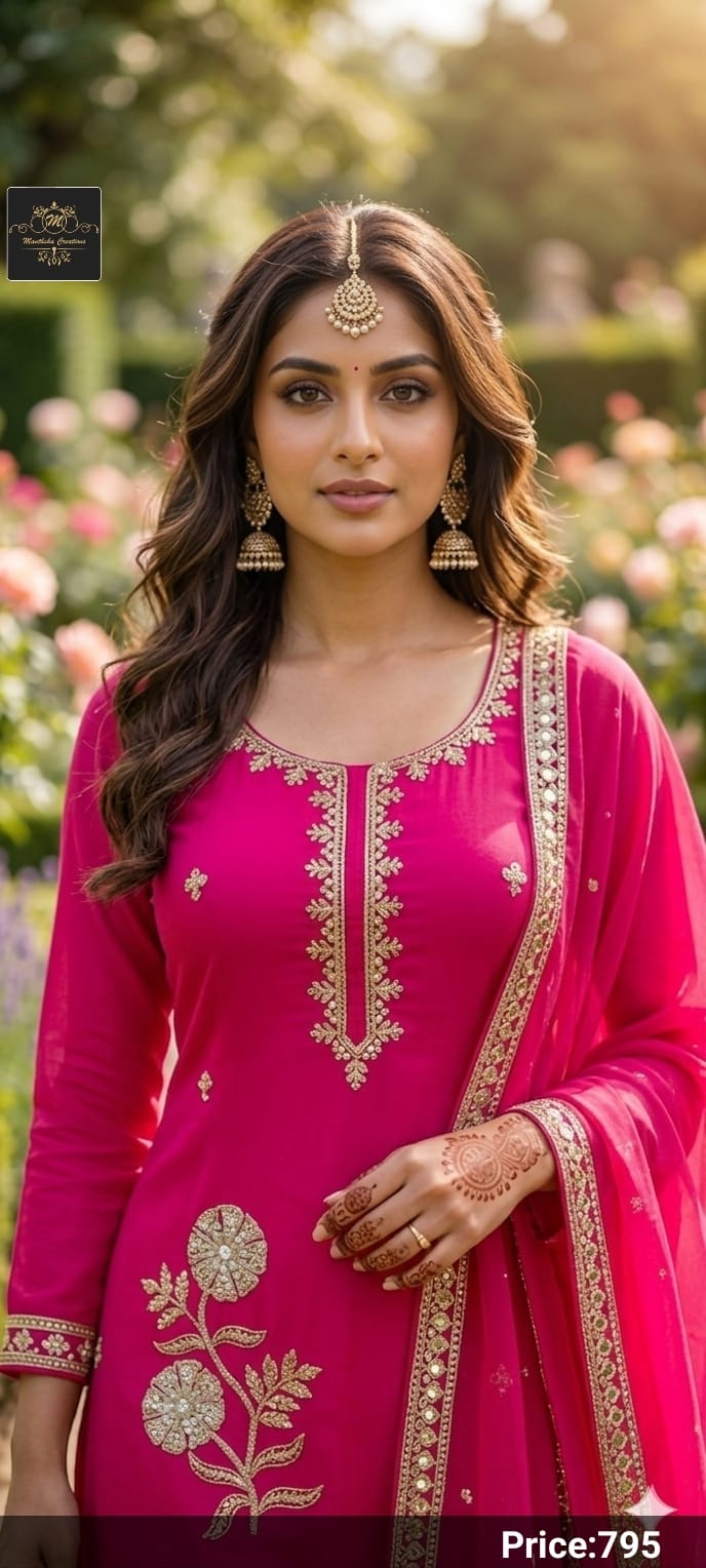 Silk Floral Zari & Sequin Embroidered Suit Set with Lace Border Dupatta