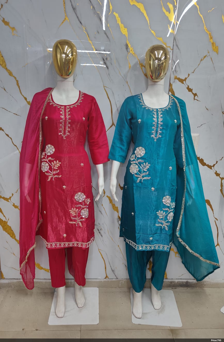 Silk Floral Zari & Sequin Embroidered Suit Set with Lace Border Dupatta