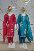 Silk Floral Zari & Sequin Embroidered Suit Set with Lace Border Dupatta
