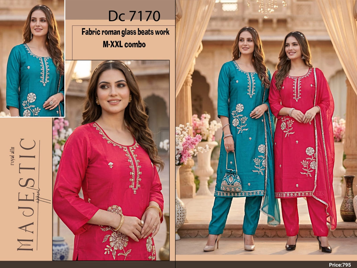 Silk Floral Zari & Sequin Embroidered Suit Set with Lace Border Dupatta