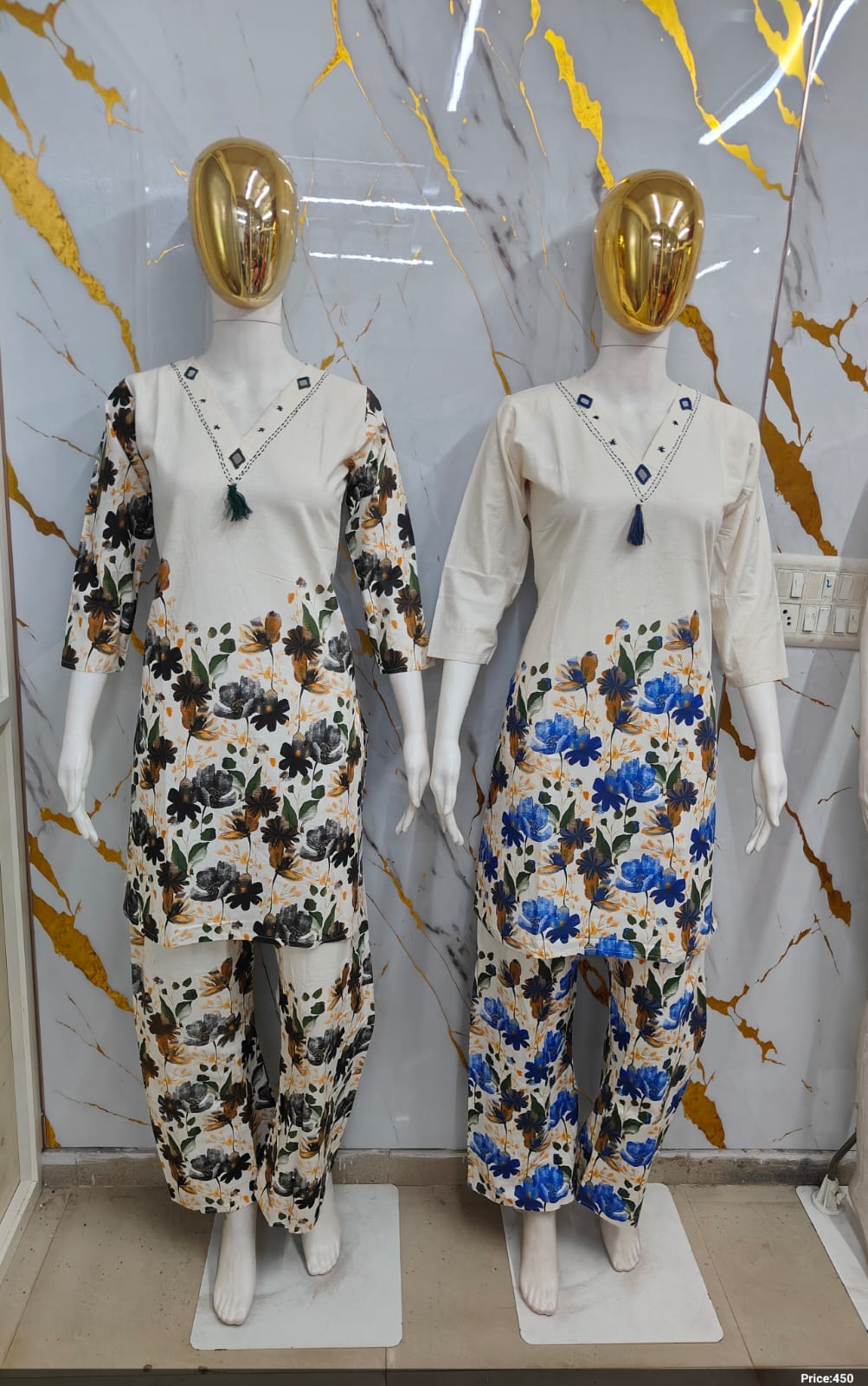 Off-White & Floral Blue Khadi Cotton Suit Set with Kantha Work