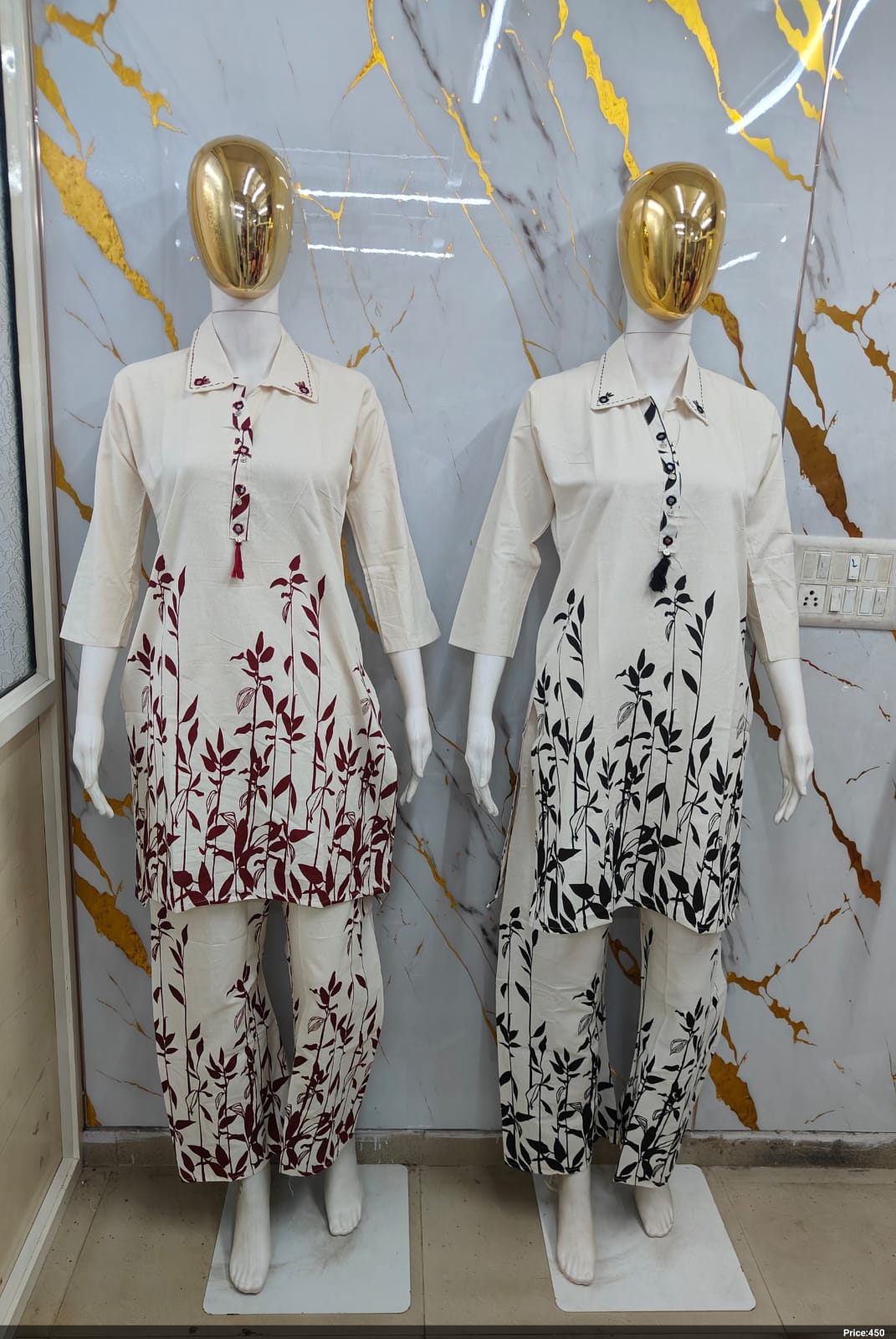 Off-White & Floral Blue Khadi Cotton Suit Set with Kantha Work