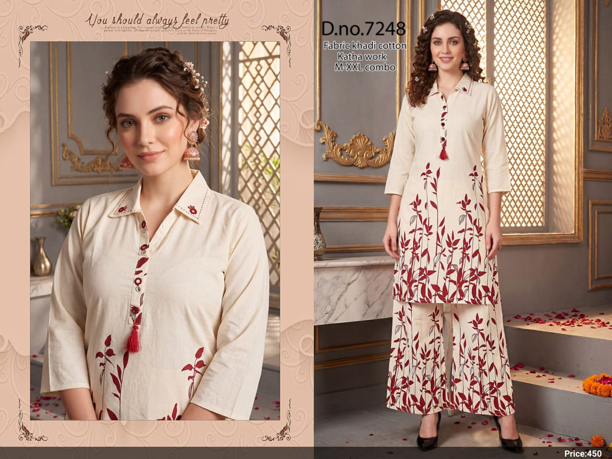 Off-White & Floral Blue Khadi Cotton Suit Set with Kantha Work