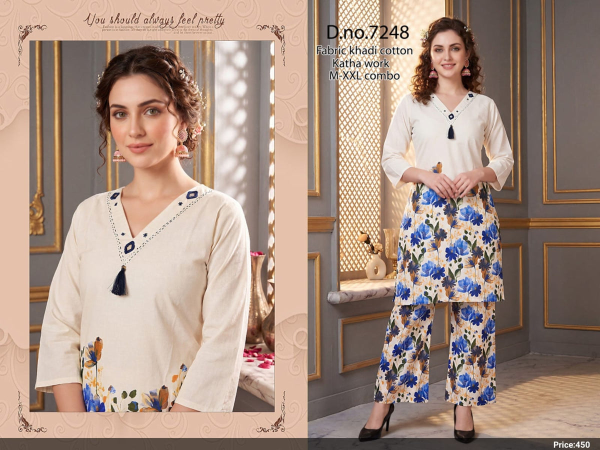 Off-White & Floral Blue Khadi Cotton Suit Set with Kantha Work