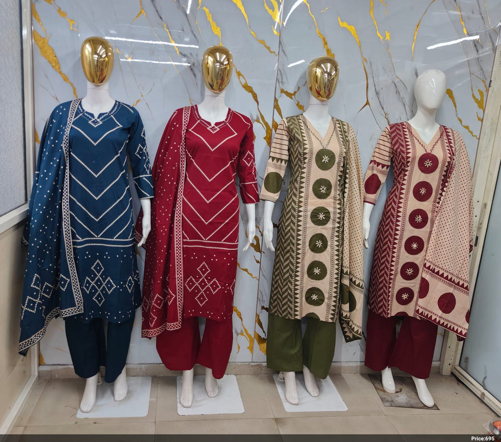 Teal Blue Dhabu Cotton Mill Print Suit Set with Kantha Work