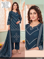 Teal Blue Dhabu Cotton Mill Print Suit Set with Kantha Work