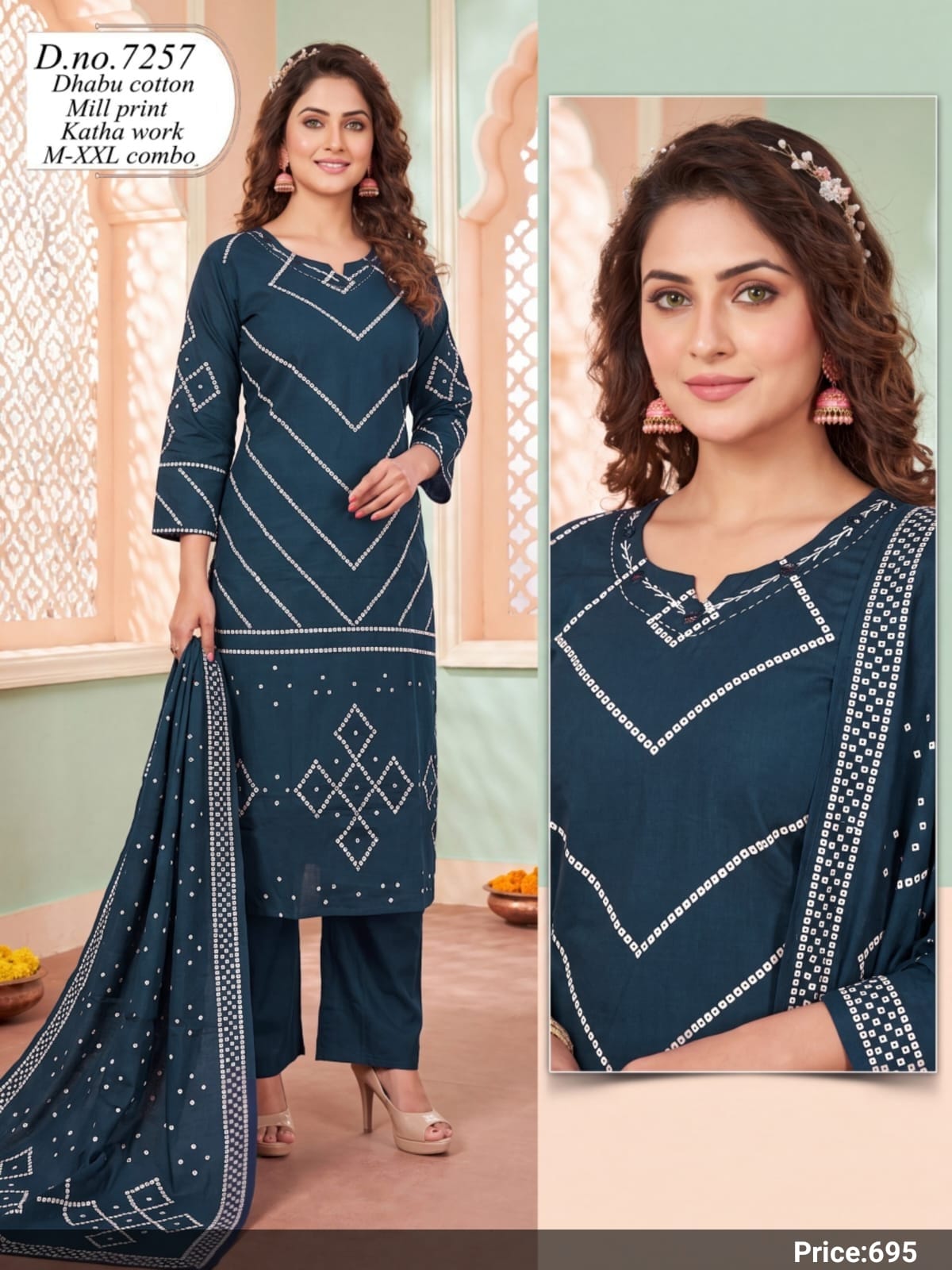 Teal Blue Dhabu Cotton Mill Print Suit Set with Kantha Work