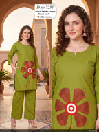 Lime Yellow Dhabu Cotton Towel Work Floral Kurti & Pant Co-Ord Set