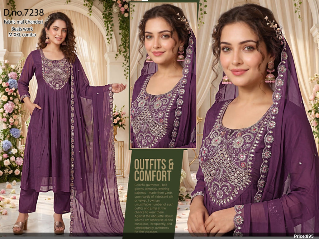 Deep Purple Embroidered Anarkali Kurti with Pant & Cut-Work Dupatta Suit Set
