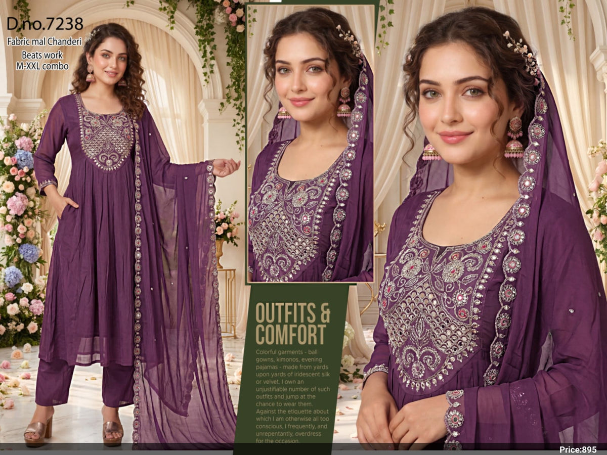 Deep Purple Embroidered Anarkali Kurti with Pant & Cut-Work Dupatta Suit Set
