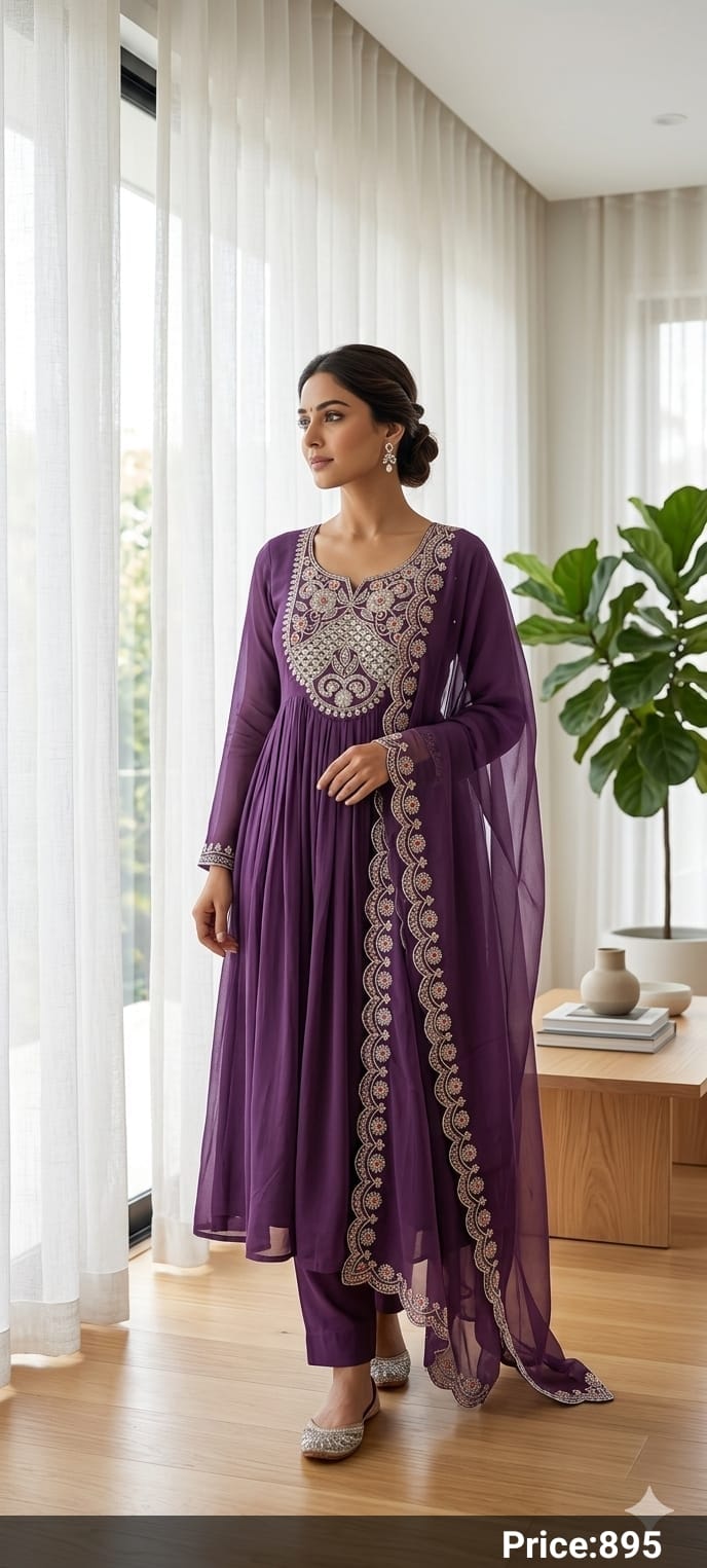 Deep Purple Embroidered Anarkali Kurti with Pant & Cut-Work Dupatta Suit Set