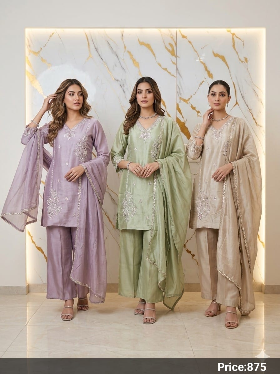 Pastel Tissue Silk Cut-Work Embroidered Tunic & Flared Pant Suit Set