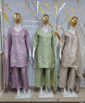 Pastel Tissue Silk Cut-Work Embroidered Tunic & Flared Pant Suit Set
