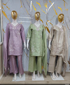 Pastel Tissue Silk Cut-Work Embroidered Tunic & Flared Pant Suit Set