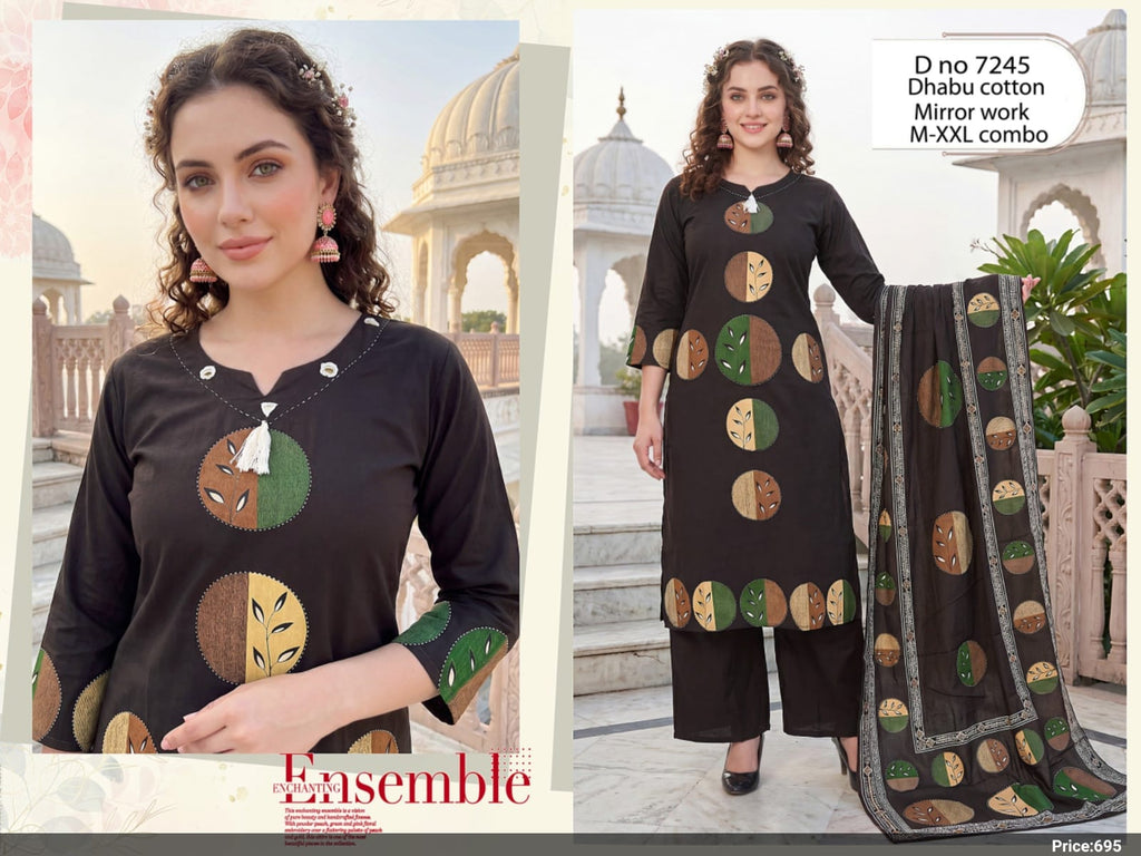 Greyish Brown Appliqué Leaf Circular Motif Cotton Suit Set with Dupatta