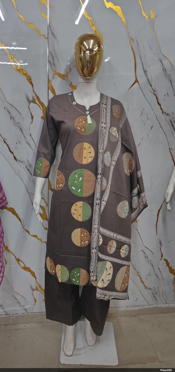 Greyish Brown Appliqué Leaf Circular Motif Cotton Suit Set with Dupatta