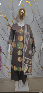 Greyish Brown Appliqué Leaf Circular Motif Cotton Suit Set with Dupatta