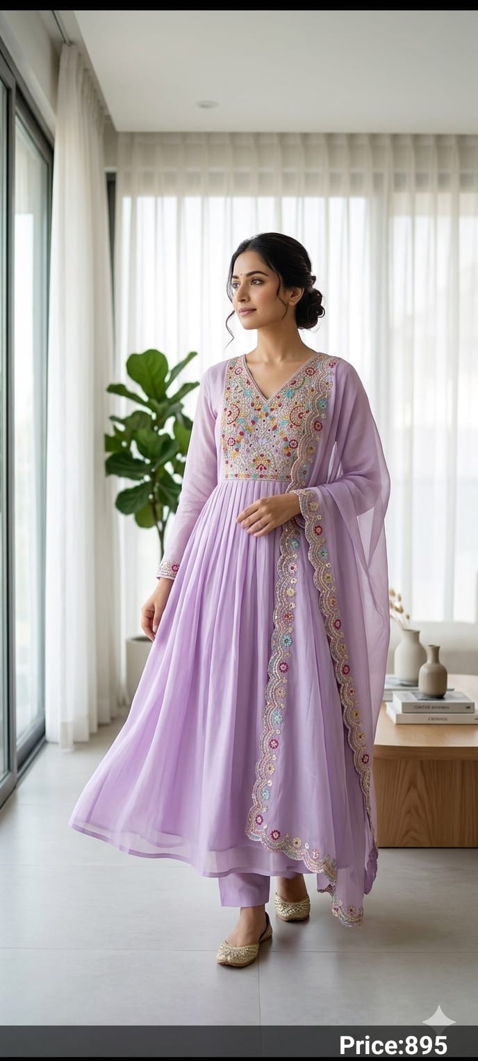 Pastel Roman Silk Suit Set with Handwork Beats Embroidery