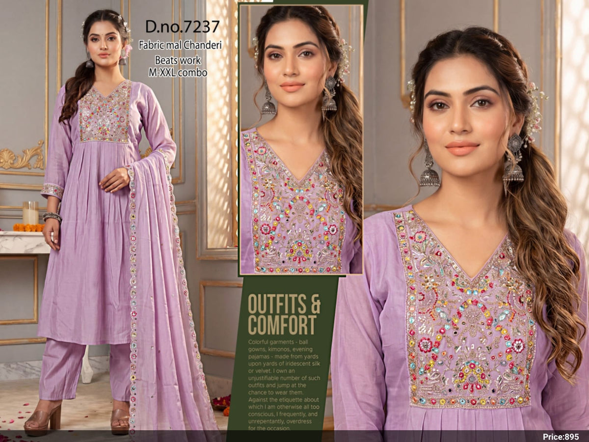 Pastel Roman Silk Suit Set with Handwork Beats Embroidery