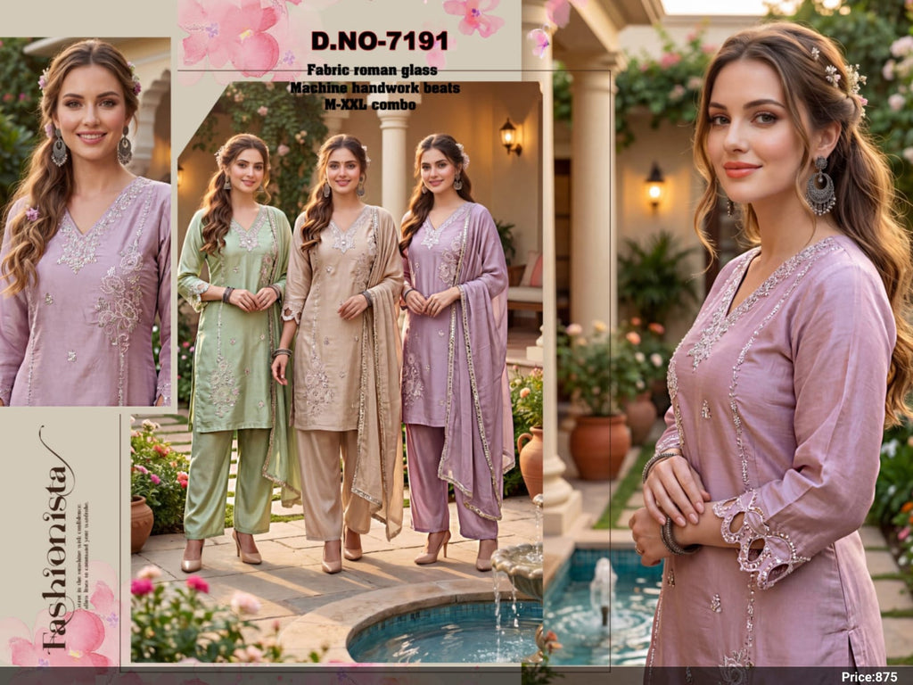 Pastel Roman Silk Suit Set with Handwork Beats Embroidery