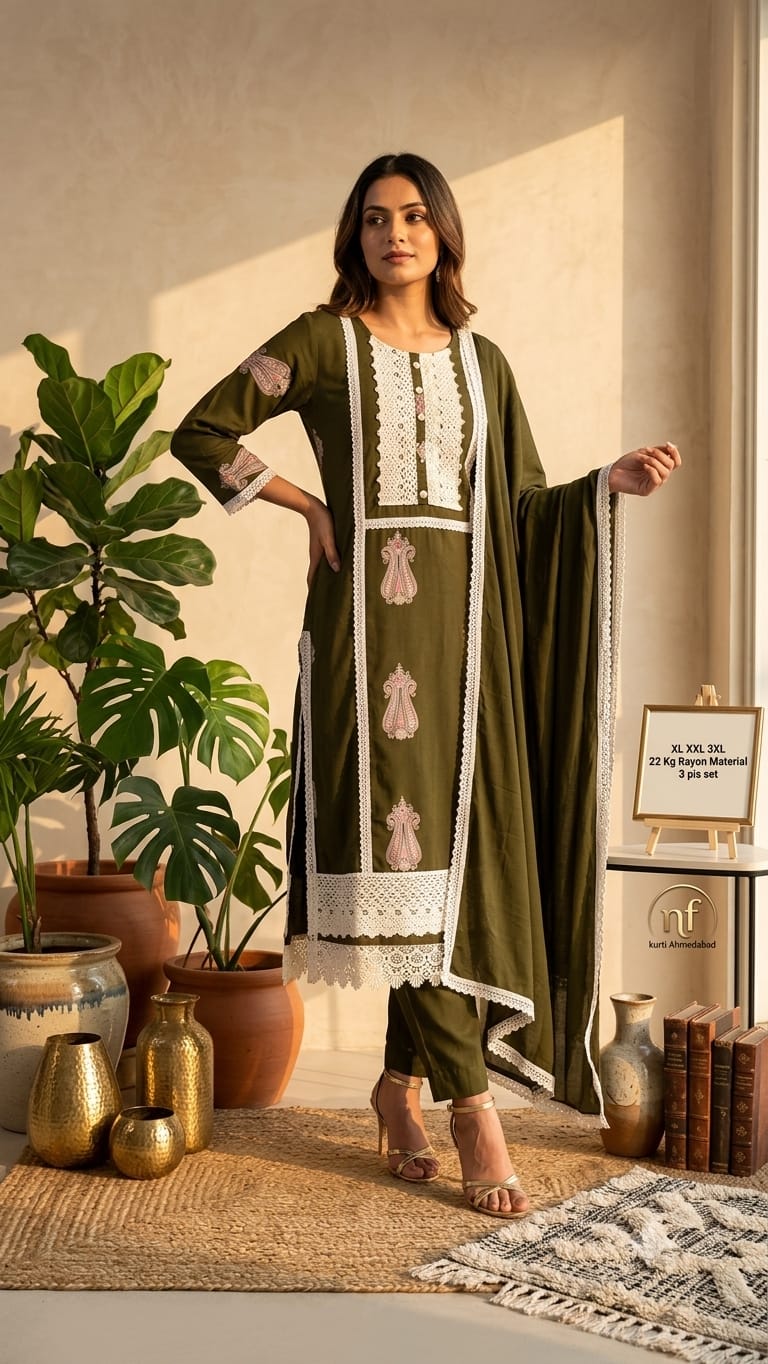 Teal Blue Printed Heavy Rayon Anarkali Suit Set with Lace Detailing 3pc