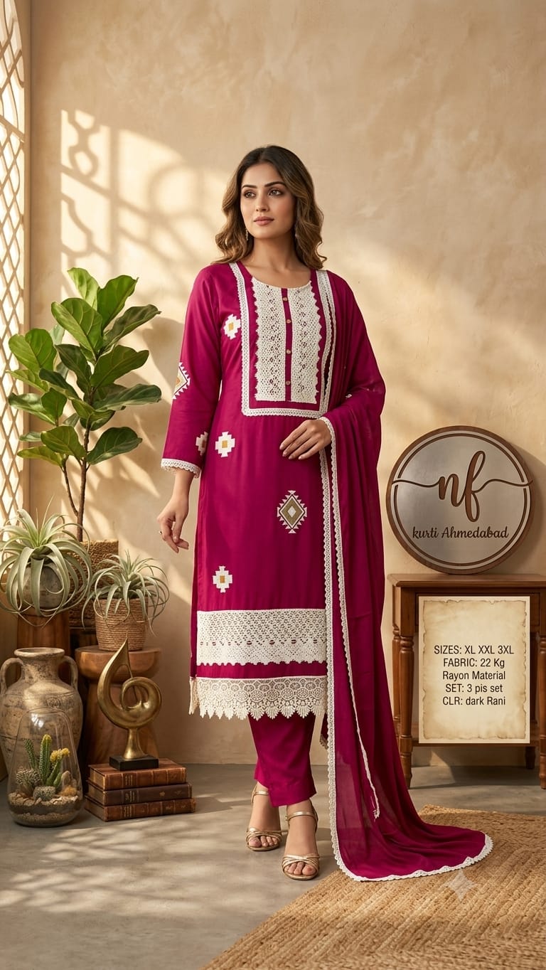 Teal Blue Printed Heavy Rayon Anarkali Suit Set with Lace Detailing 3pc