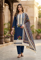 Teal Blue Printed Heavy Rayon Anarkali Suit Set with Lace Detailing 3pc