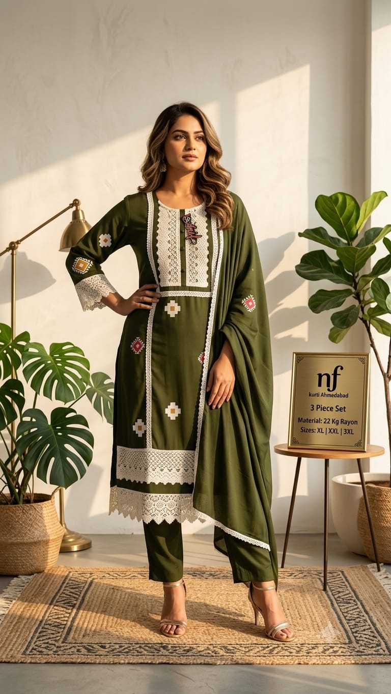 Teal Blue Printed Heavy Rayon Anarkali Suit Set with Lace Detailing 3pc