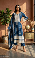 Teal Blue Printed Heavy Rayon Anarkali Suit Set with Lace Detailing 3pc