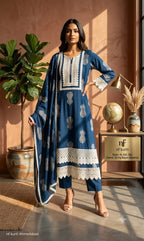 Teal Blue Printed Heavy Rayon Anarkali Suit Set with Lace Detailing 3pc