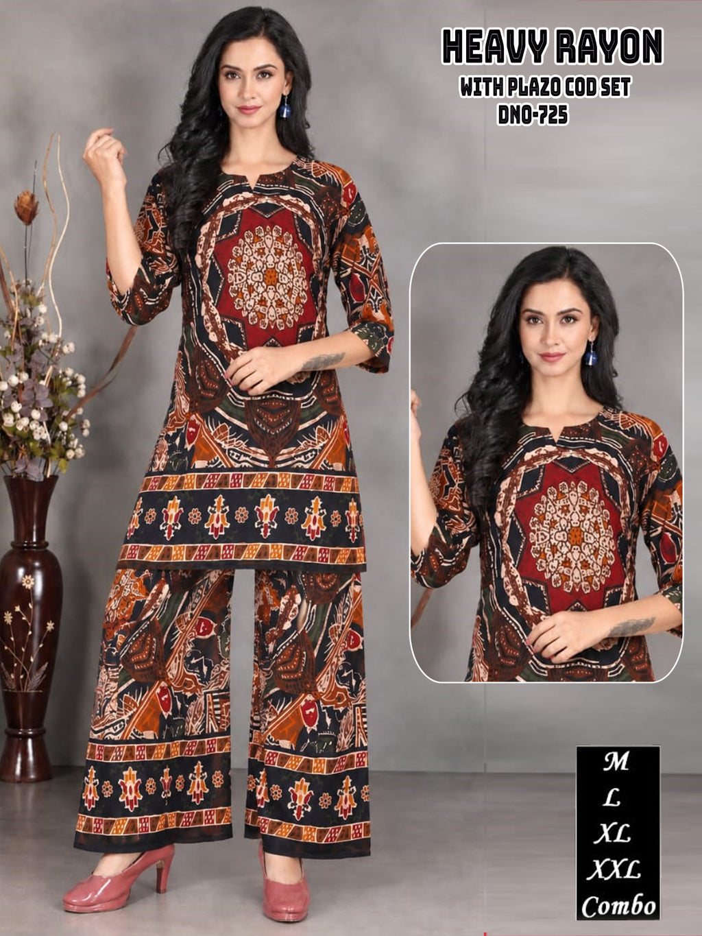 Multi-Color Tribal Mandala Printed Heavy Rayon Kurti & Plazo Co-Ord Set