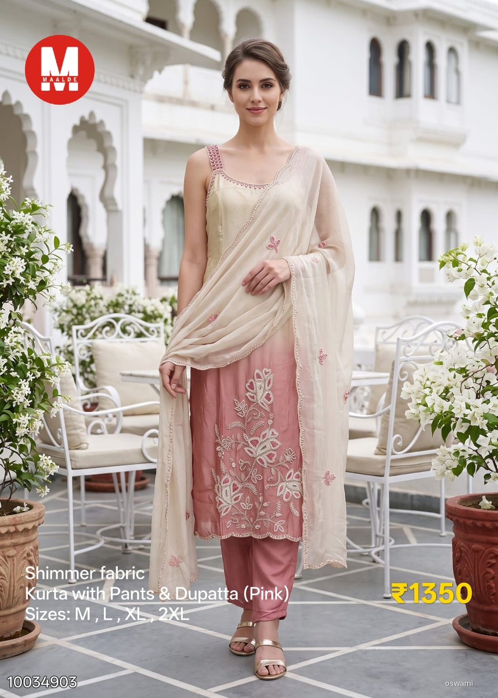 Maalde Cream & Pink Ombre Shimmer Silk Embroidered Kurta Set with Pants & Dupatta 3pc