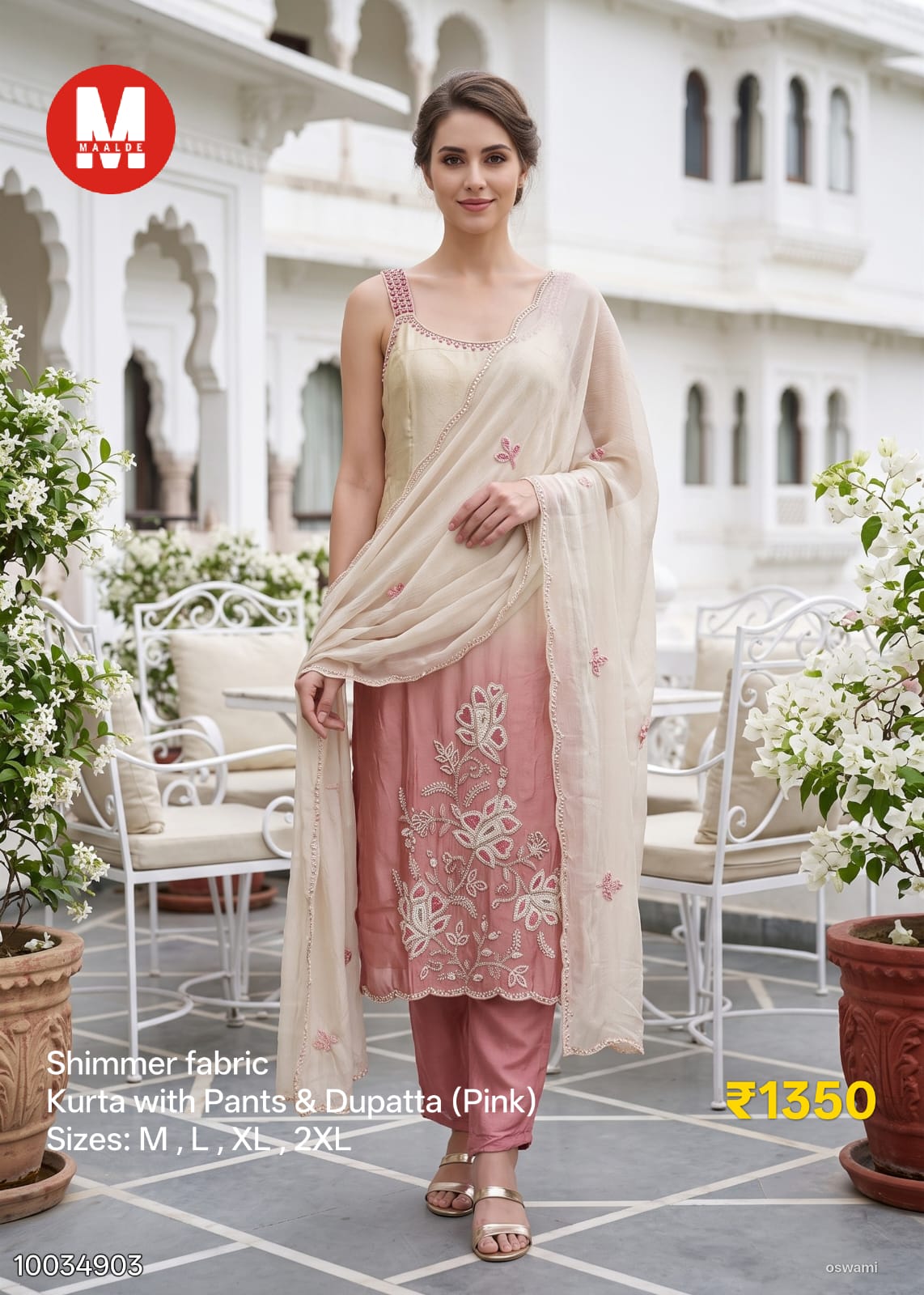 Maalde Cream & Pink Ombre Shimmer Silk Embroidered Kurta Set with Pants & Dupatta 3pc