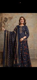Special Festive 3pc Cotton Block Print Gopi Dress Lehenga Skirt Set with Handwork Yoke