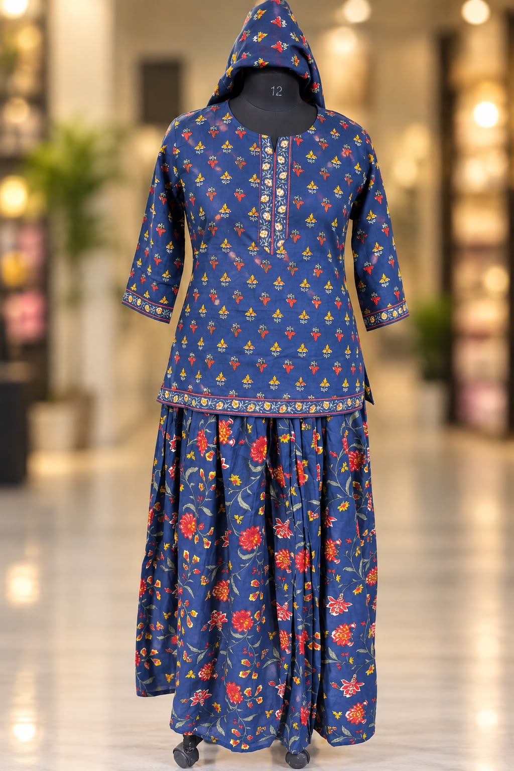 Special Festive 3pc Cotton Block Print Gopi Dress Lehenga Skirt Set with Handwork Yoke