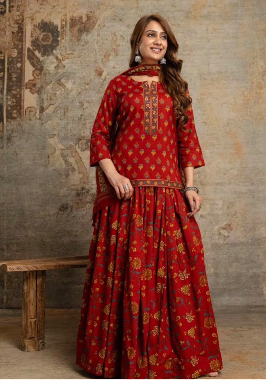 Special Festive 3pc Cotton Block Print Gopi Dress Lehenga Skirt Set with Handwork Yoke