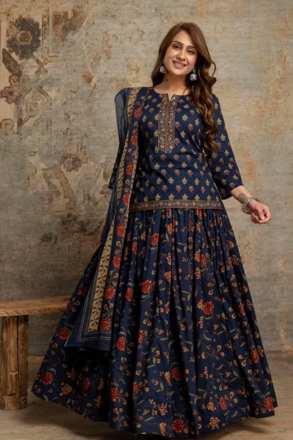 Special Festive 3pc Cotton Block Print Gopi Dress Lehenga Skirt Set with Handwork Yoke