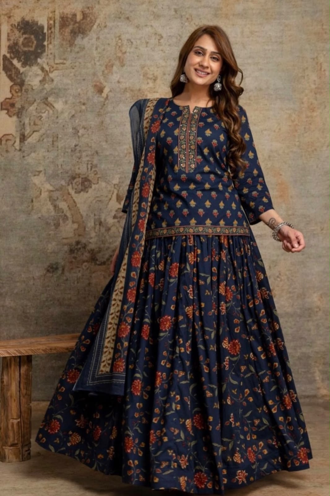 Special Festive 3pc Cotton Block Print Gopi Dress Lehenga Skirt Set with Handwork Yoke
