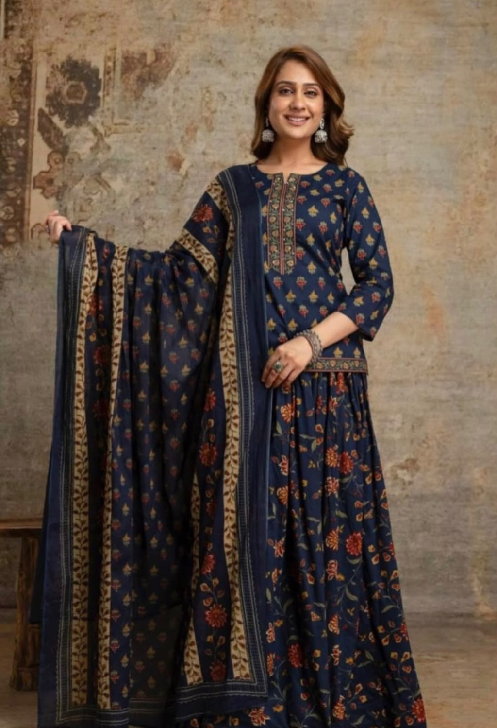 Special Festive 3pc Cotton Block Print Gopi Dress Lehenga Skirt Set with Handwork Yoke