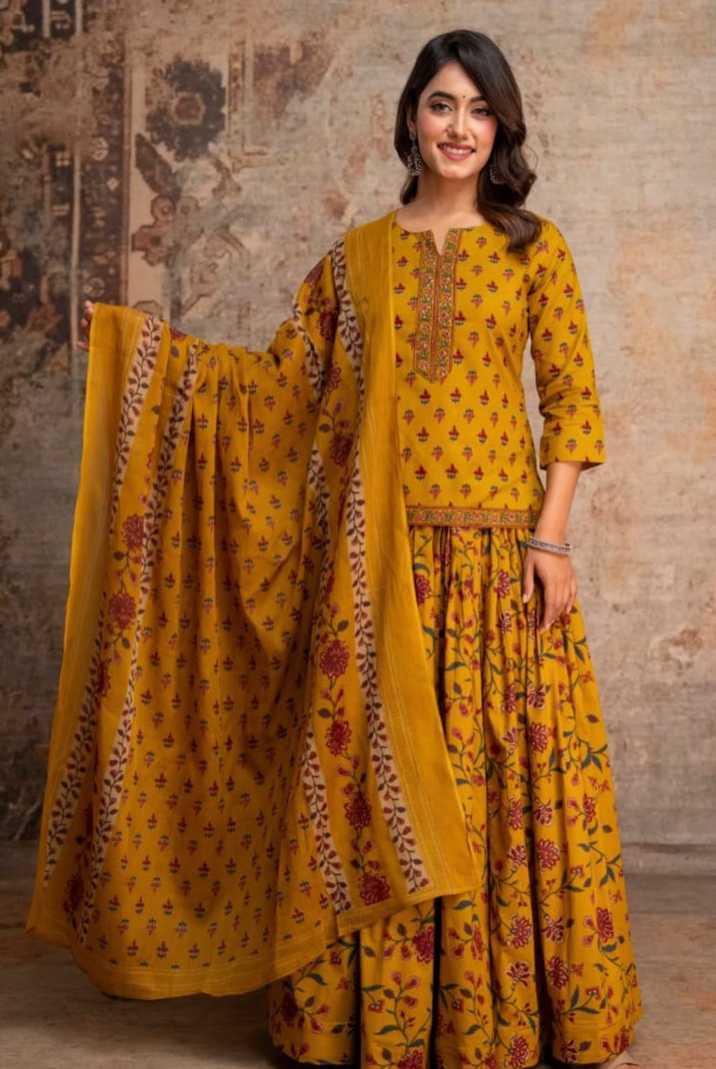 Special Festive 3pc Cotton Block Print Gopi Dress Lehenga Skirt Set with Handwork Yoke