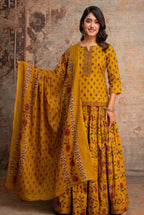 Special Festive 3pc Cotton Block Print Gopi Dress Lehenga Skirt Set with Handwork Yoke