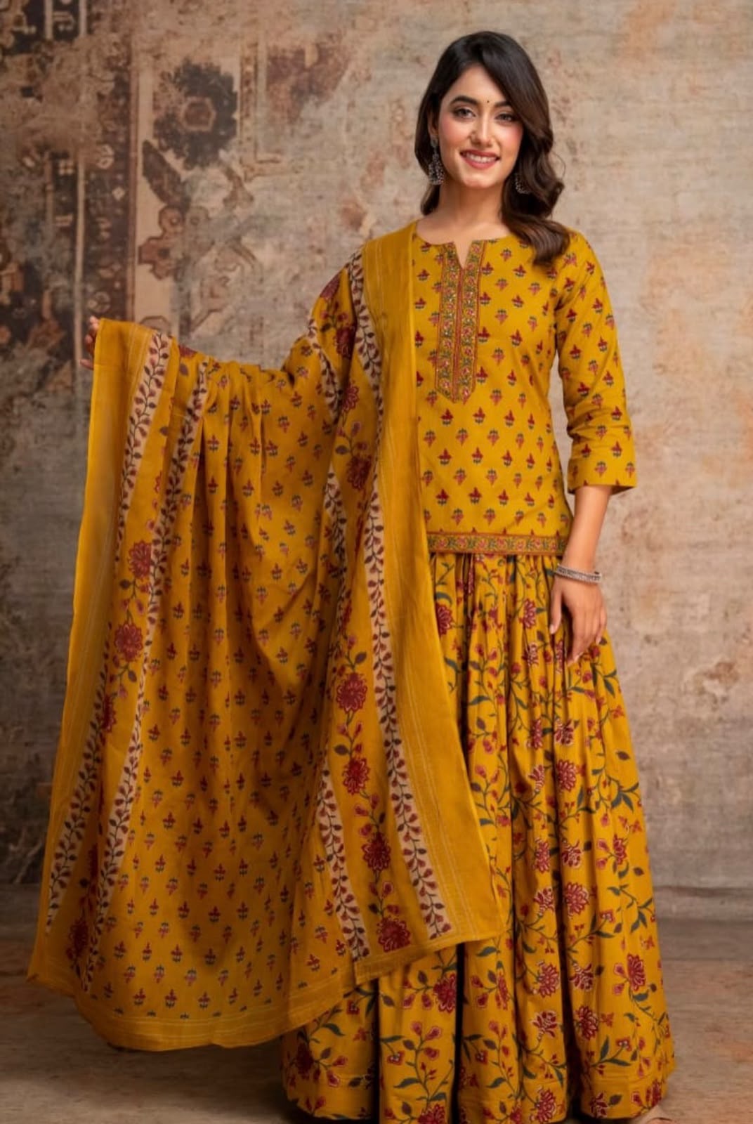 Special Festive 3pc Cotton Block Print Gopi Dress Lehenga Skirt Set with Handwork Yoke
