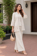 Beige Cotton Flex Embroidered Jacket, Inner Top & Straight Pants 3-Piece Co-Ord Set